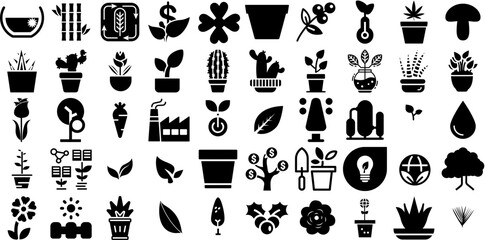 Huge Set Of Plant Icons Pack Hand-Drawn Solid Modern Symbols Global, Sweet, Contamination, Set Doodle Isolated On White Background