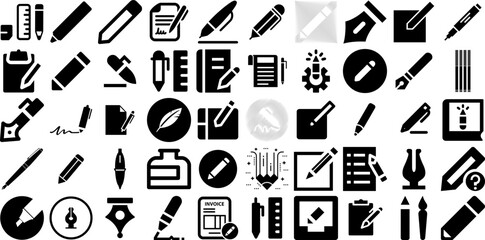 Big Set Of Pen Icons Set Hand-Drawn Solid Vector Glyphs Icon, Tablet, Cosmetic, Silhouette Signs Isolated On Transparent Background