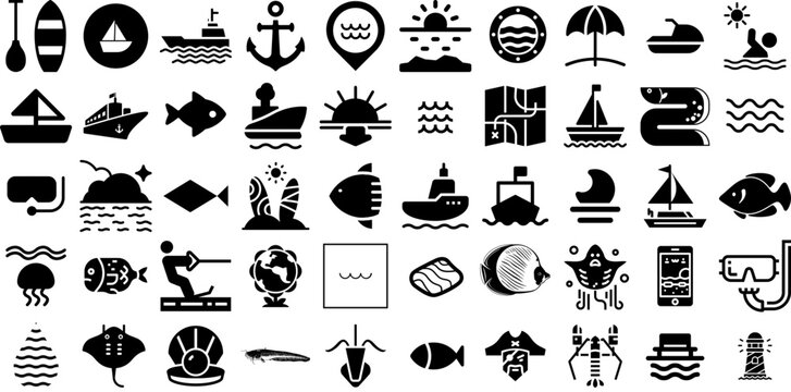 Massive Set Of Sea Icons Pack Hand-Drawn Solid Drawing Elements Anchor, Icon, Tortoise, Creature Clip Art Isolated On White Background