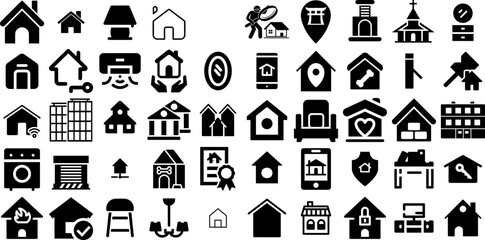 Huge Collection Of House Icons Pack Hand-Drawn Isolated Drawing Web Icon Mark, Roof, Silhouette, Tool Buttons Vector Illustration