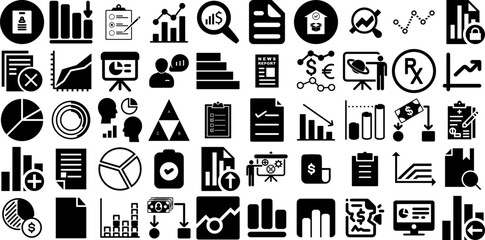 Big Collection Of Report Icons Bundle Hand-Drawn Linear Design Symbols Mark, Icon, Infographic, Finance Glyphs Isolated On White Background