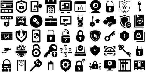 Mega Collection Of Security Icons Pack Isolated Modern Clip Art Tool, Set, Mark, Person Pictogram For Computer And Mobile - obrazy, fototapety, plakaty