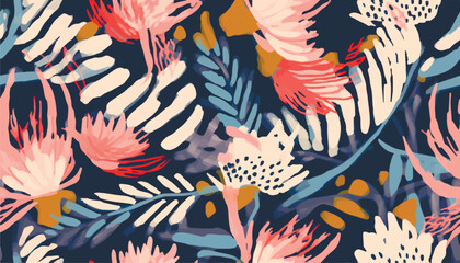 Fototapeta na wymiar Modern abstract exotic floral pattern. Collage trendy seamless pattern. Hand drawn botanical illustration