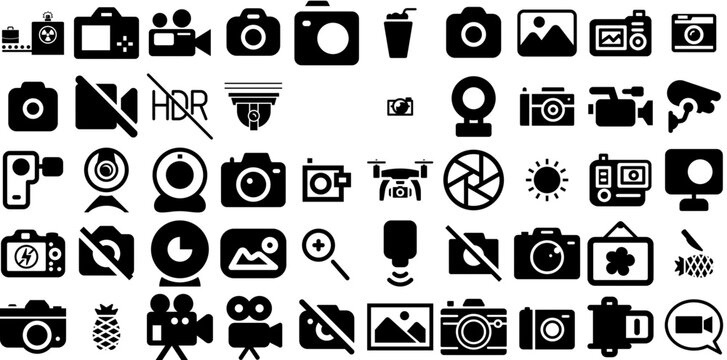 Big Set Of Camera Icons Collection Solid Drawing Symbols Silhouette, Photo Camera, Tool, Camcorder Pictograms For Computer And Mobile