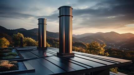 Minimalistic installed chimney on a modern houses roof, perfect architecture, clean. Generative AI