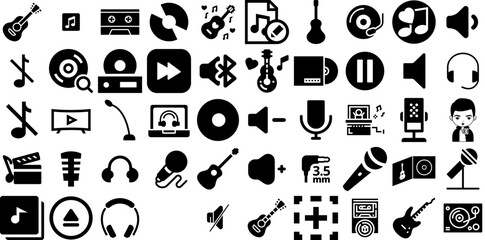 Massive Set Of Music Icons Pack Solid Design Clip Art Entertainment, Speaker, Tool, Singer Clip Art Isolated On Transparent Background