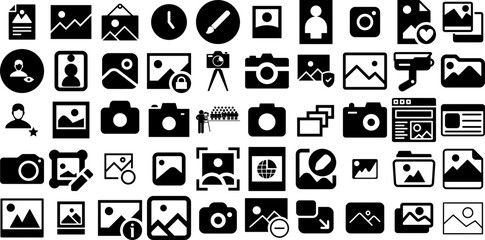 Big Set Of Picture Icons Bundle Solid Vector Silhouettes Icon, Music, Symbol, Photo Camera Pictogram Vector Illustration