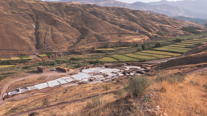 river leading to the rice field terraces, large landscape, green, sky, blue, clouds, spring
