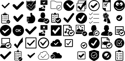 Huge Set Of Accept Icons Pack Isolated Drawing Silhouettes Mark, Certified, Aid, Icon Clip Art Isolated On White Background