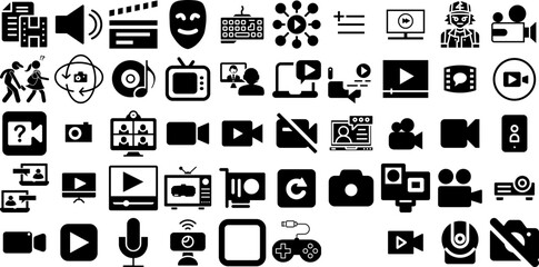 Massive Collection Of Video Icons Bundle Solid Vector Symbol Set, Demo, Playstation, Chat Pictogram Isolated On Transparent Background
