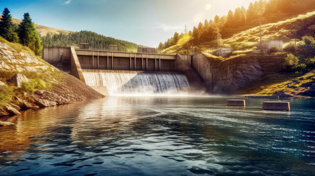 A powerful hydroelectric power plant converts water flows into clean energy, reducing dependence on fossil fuels and reducing greenhouse gas emissions. The concept of hydropower