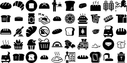 Huge Set Of Bread Icons Pack Linear Concept Pictogram Bake, Silhouette, Icon, Glyphs Doodles Isolated On Transparent Background