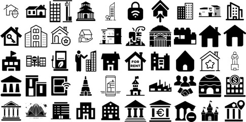 Mega Set Of Building Icons Pack Hand-Drawn Black Cartoon Silhouette Church, Silhouette, Heavy, Contractor Doodle Isolated On White Background