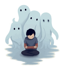  A Sadness Child have a Mental Illness Psychological Phenomena sitting with Lonely Ghost