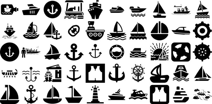 Massive Collection Of Boat Icons Set Hand-Drawn Linear Design Pictogram Icon, Wrapping, Yacht, Silhouette Elements Isolated On White Background