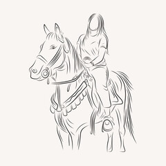 young lady riding a horse line art illustration