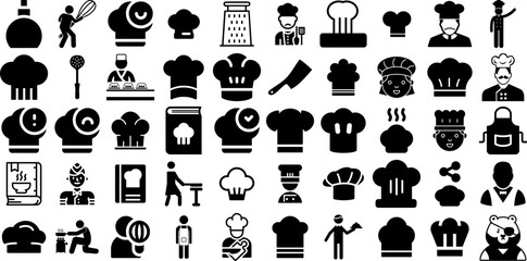 Massive Set Of Chef Icons Collection Black Drawing Pictograms Icon, Toque, Chef, Receipe Pictograph Isolated On Transparent Background