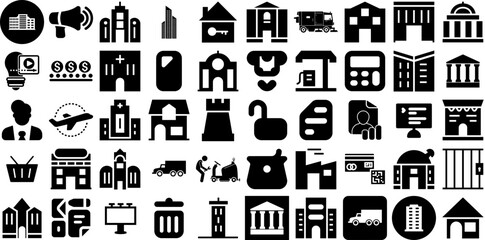 Huge Set Of Commercial Icons Pack Black Design Clip Art Architecture, Whole, Banking, Icon Graphic Vector Illustration