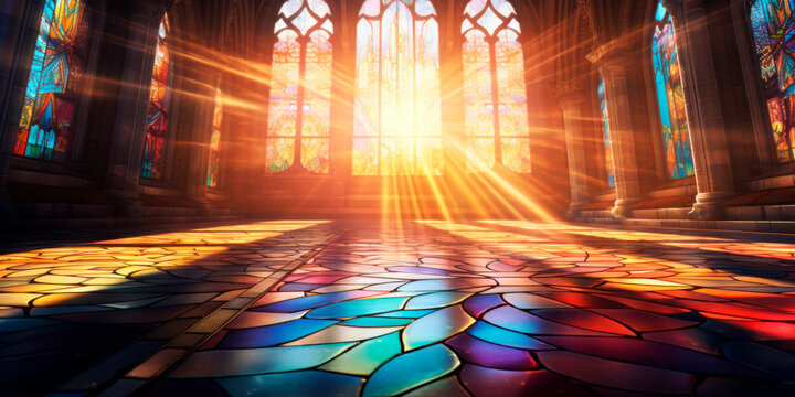 sun's rays piercing through a vibrant stained-glass window, casting a mosaic of colors on the hallowed church floor