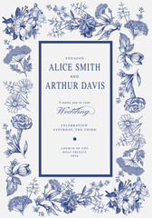 Wedding invitation. Beautiful blooming flowers. Vintage card. Frame. Drawing engraving isolated   Rosehip Carnation Chamomile wildflowers floral. Wallpaper baroque. Vector victorian Illustration