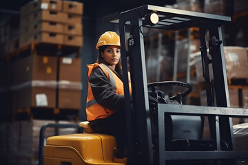 Woman forklift driver in hardhat working in warehouse or stock. Generative AI
