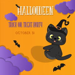 Happy Halloween banner . Halloween party invitation background witch black cat in hat with clouds, bats and pumpkins yellow background