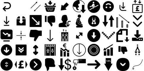 Big Set Of Down Icons Collection Hand-Drawn Solid Design Pictogram Symbol, Circle, Icon, Go Elements For Apps And Websites