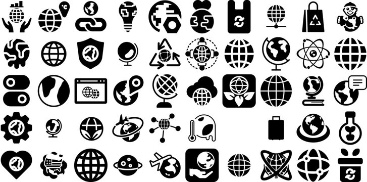Huge Set Of Earth Icons Bundle Solid Design Glyphs Generator, Set, Global, Silhouette Pictograph Isolated On White Background