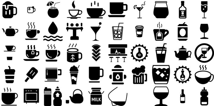 Massive Set Of Drink Icons Pack Isolated Design Symbol Sweet, Infographic, Milk, Set Pictograms Vector Illustration