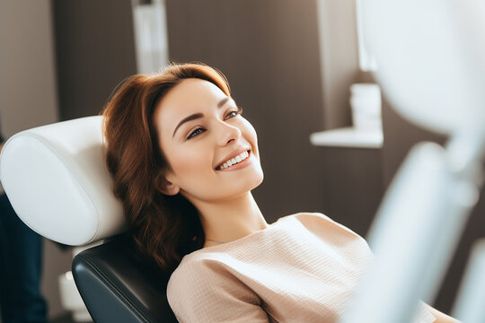 Smiling and satisfied patient woman in dental office after treatment. AI generative