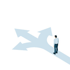 Obraz premium divergence of three arrows on a white background and an isometric man making a choice, the direction of movement towards success in business
