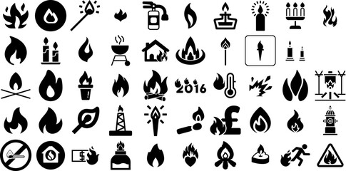 Huge Set Of Flame Icons Pack Hand-Drawn Linear Concept Symbol Game, Sport, Flame, Torch Elements Isolated On White Background - obrazy, fototapety, plakaty