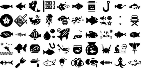 Huge Set Of Fish Icons Bundle Linear Vector Signs Icon, Jesus Christ, Symbol, Bowl Pictogram For Computer And Mobile