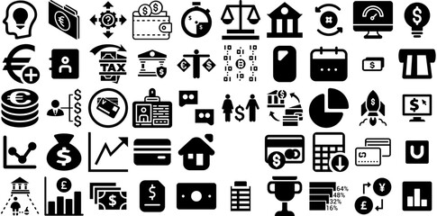 Huge Set Of Finance Icons Collection Linear Simple Elements Coin, Court, Giving, Finance Silhouettes For Computer And Mobile