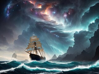 Obraz premium Generative Ai Sailing ship painting, vintage painting illustration, pirates ship painting, sailing ship sea illustration, old ship painting illustration, sailing ship vintage oil painting