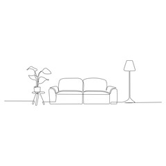 One continuous Line drawing of sofa and lamp and potted plant. Stylish furniture for living room interior in simple linear style. Editable stroke Vector illustration