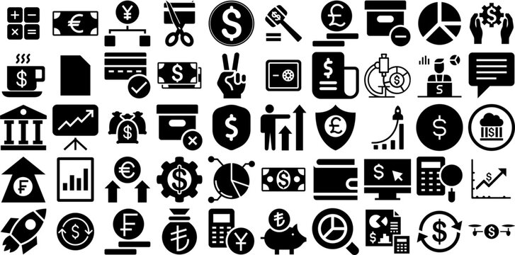Massive Collection Of Financial Icons Bundle Hand-Drawn Linear Vector Silhouettes Icon, Coin, Symbol, Decrease Clip Art Isolated On Transparent Background