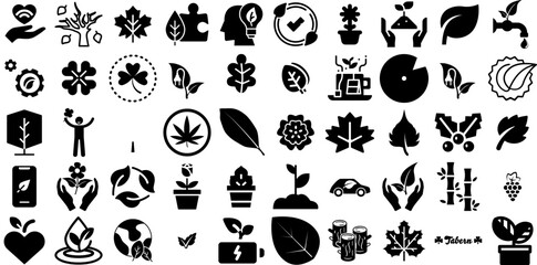 Big Collection Of Leaf Icons Collection Hand-Drawn Black Infographic Signs Silhouette, Global, Trinity, Set Symbol Isolated On White Background - obrazy, fototapety, plakaty