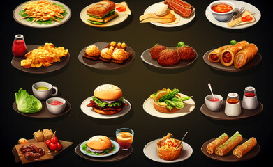 Realistic Food menu icons isolated on black or white background. 