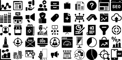 Massive Collection Of Marketing Icons Pack Black Concept Silhouette Three-Dimensional, Finance, Automation, Infographic Pictograph Isolated On White