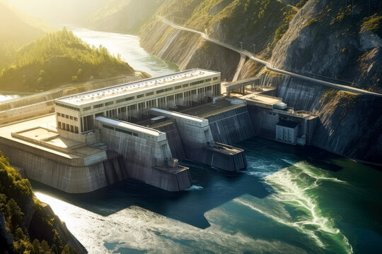 Hydroelectric power plants use the flow of water to create clean energy, helping to reduce greenhouse gas emissions and reduce our carbon footprint. Concept of clean energy and sustainable development