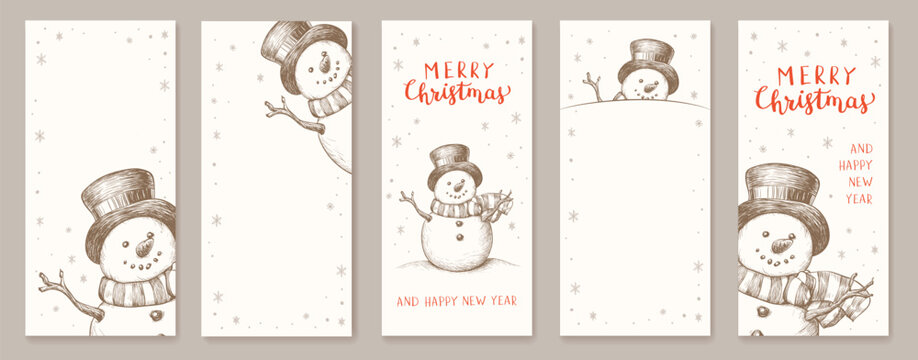 Christmas background with snowman and snowflakes. New year illustration. Christmas template for social media.