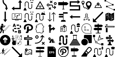 Massive Set Of Path Icons Set Linear Cartoon Signs Procedure, Road, Way, Icon Symbol Isolated On White Background