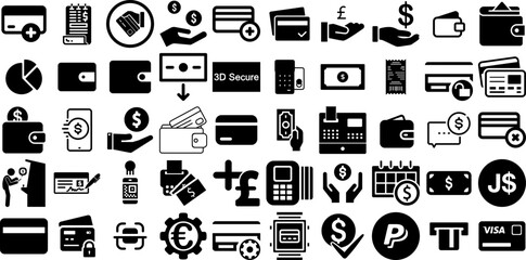 Mega Collection Of Payment Icons Pack Flat Simple Silhouettes Way, Icon, Credit, Coin Pictograms Isolated On Transparent Background - obrazy, fototapety, plakaty