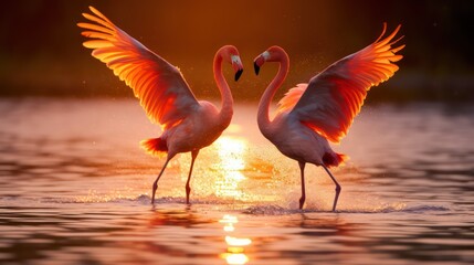pink flamingo on the water - obrazy, fototapety, plakaty