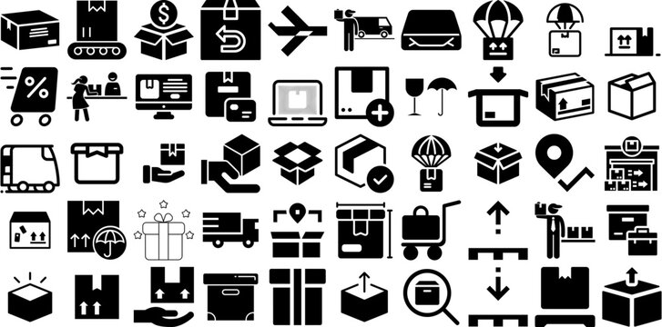 Massive Collection Of Parcel Icons Set Flat Simple Signs Package, Icon, Parcel, Product Symbols Isolated On White