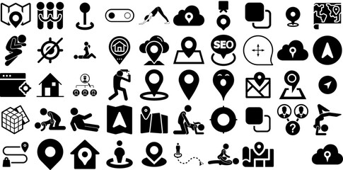 Massive Set Of Position Icons Set Isolated Drawing Signs Route, Man, Icon, Position Silhouette Isolated On Transparent Background