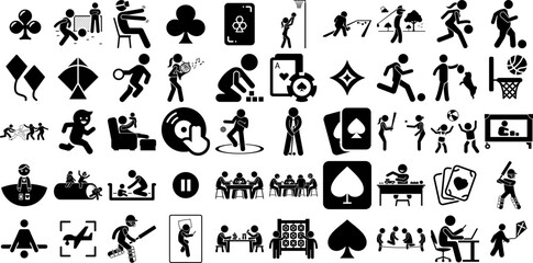 Huge Set Of Playing Icons Bundle Solid Concept Pictograms Diamond, Icon, Man, Club Silhouettes Isolated On White