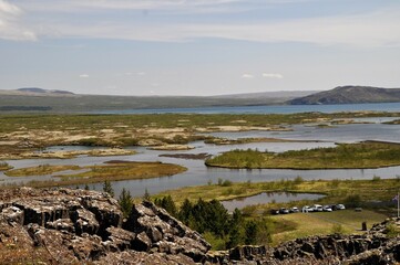 Rock formation and view from Pingvellir National Park in Iceland