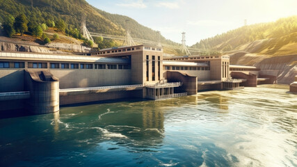 The concept of a hydroelectric power plant operating in harmony with the environment, minimizing the negative impact on ecosystems. Technologies contributing to the conservation of water resources - obrazy, fototapety, plakaty